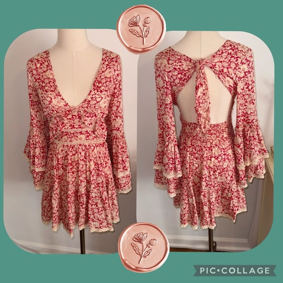 Free People Dresses & Skirts - Free People XS Kristall Berry Red Cream Floral Print Boho Bell Sleeve Mini Dress